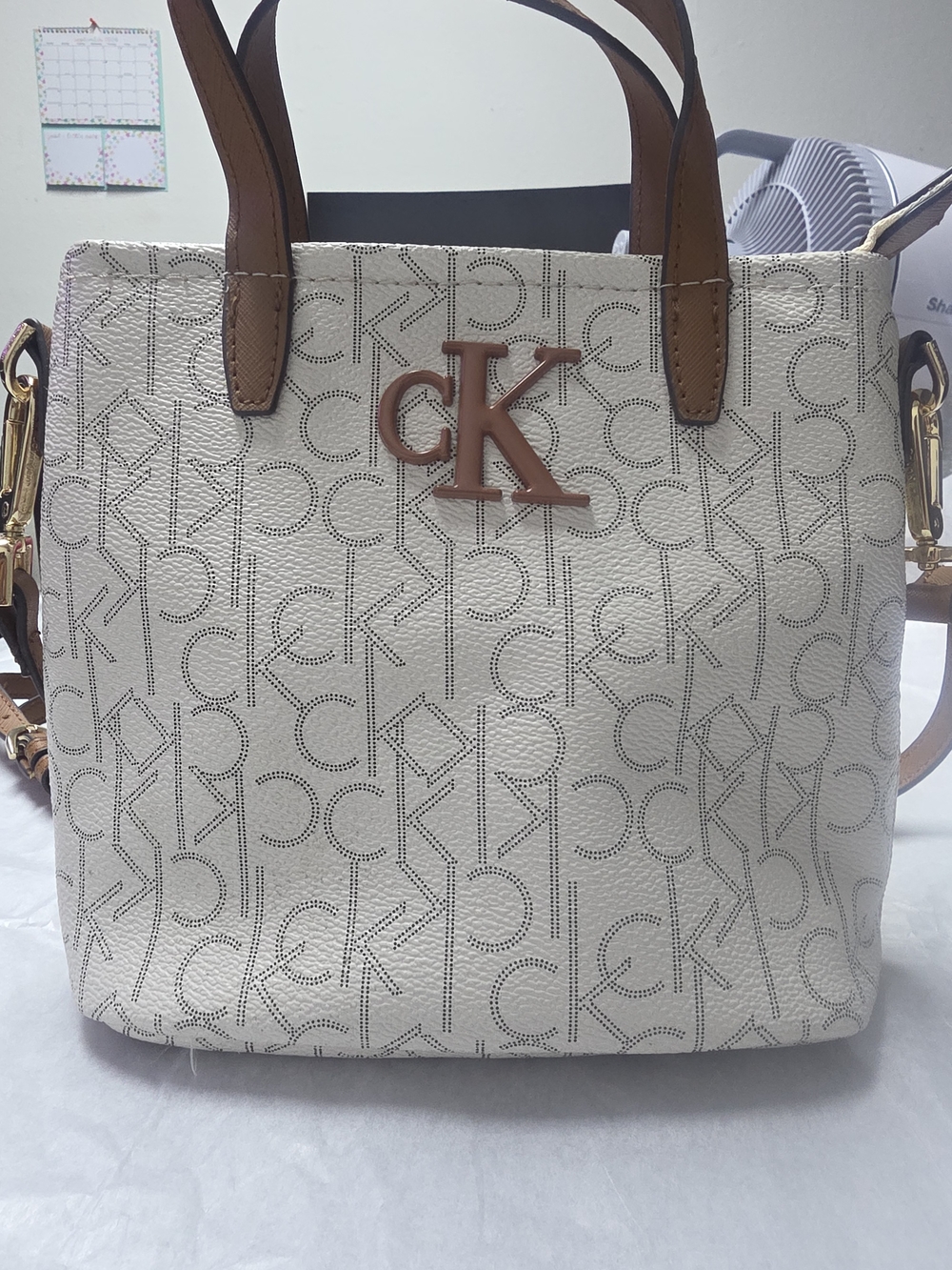 Calvin Klein Cream Mini  Monogram Tote with Brown Trim